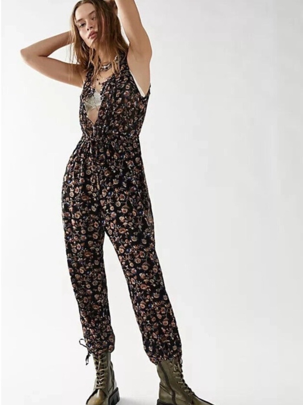Free People Samara Jumpsuit - Black Floral Sleeveless Drawstring Jumpsuit
